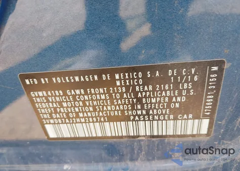 2017 Volkswagen Jetta 1.4T Se from USA, damaged, VIN 3VWDB7AJ2HM289741